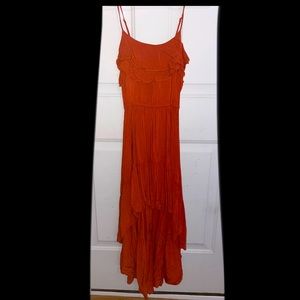 Rust Color high low strappy dress.